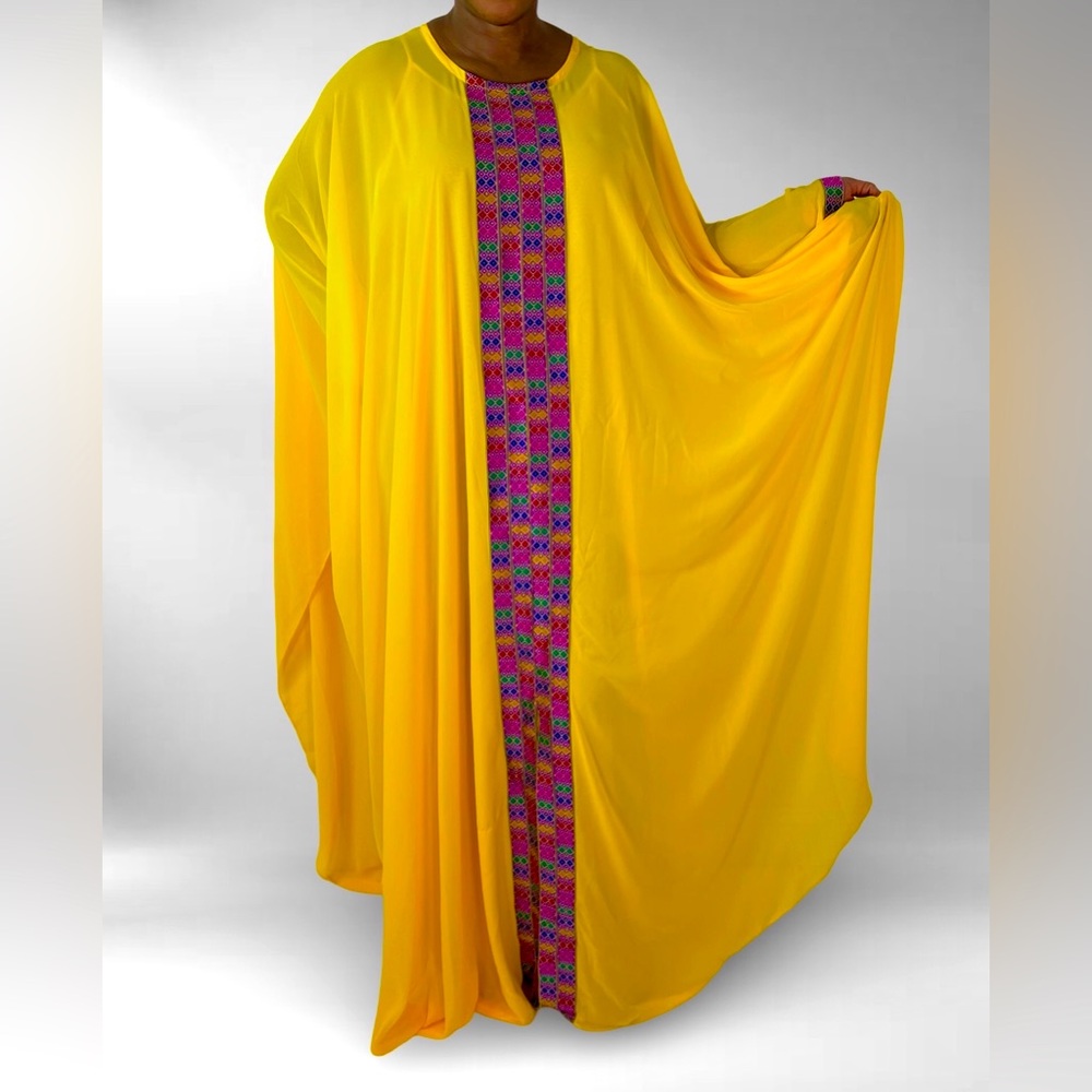 Oversized Vibrant Yellow  Maxi Kaftan Dress With Multicolor Tribal Print Detail - Picture 2 of 7
